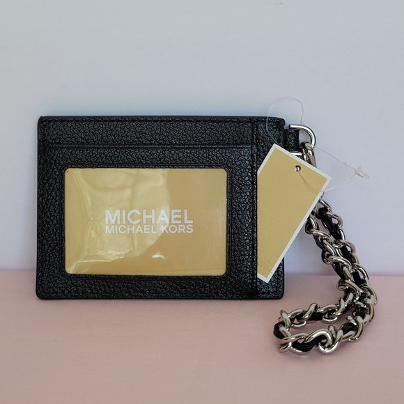 MICHAEL KORS Jet Set Small ID Pebbled Leather Chain Card Holder Case- Black⭐ - Picture 9 of 16